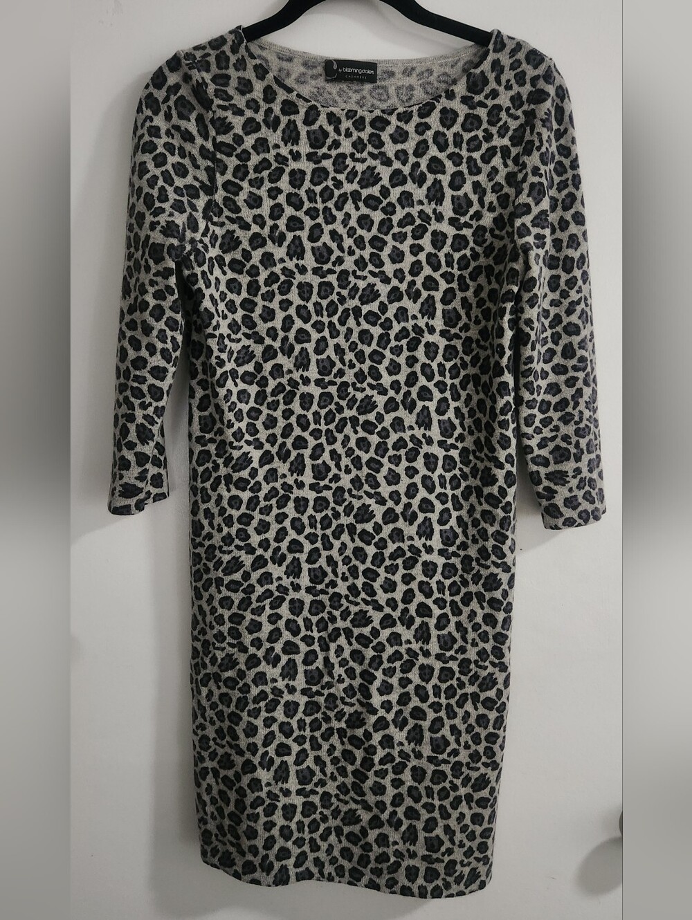Bloomingdales Cashmere Dress Gray Black Leopard Dress Size Small